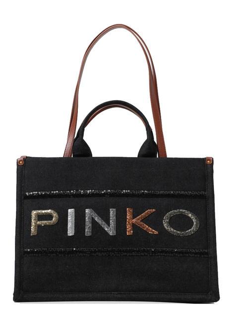 PINKO LOGO PAILLETETS Sac en jean à double poignée denim noir-or antique - Sacs pour Femme