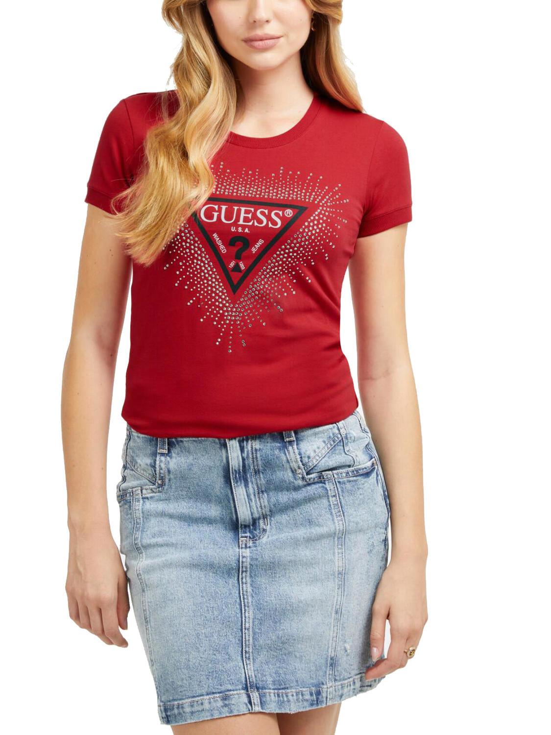 Guess Star Triangle T Shirt Avec Clous Piment Rouge Achetez