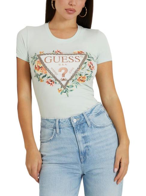 GUESS TRIANGLE FLOWERS T-shirt en coton extensible sarcelle brumeuse - T-shirt