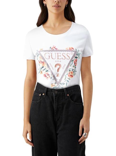 GUESS TRIANGLE FLOWERS T-shirt en coton extensible blanc pur - T-shirt