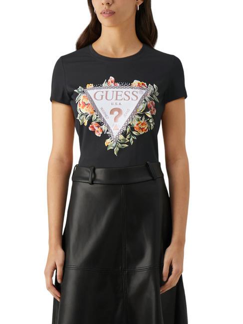 GUESS TRIANGLE FLOWERS T-shirt en coton extensible jetbla - T-shirt