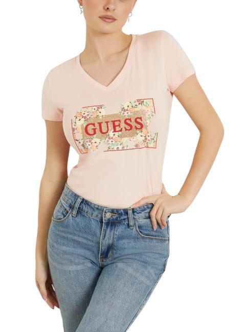 GUESS LOGO FLOWERS T-shirt en coton extensible je veux être rose - T-shirt