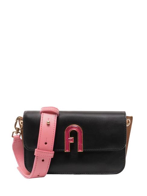 FURLA GEMMA Mini sac porté épaule en cuir noir+nénuphar+cognac h - Sacs pour Femme