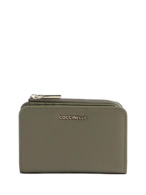 COCCINELLE METALLIC SOFT Petit portefeuille en cuir texturé vert laurier - Portefeuilles Femme