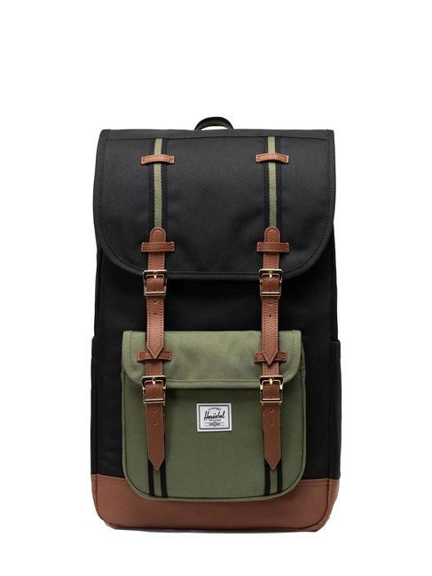 HERSCHEL LITTLE AMERICA  Sac à dos de taille standard noir/trèfle à quatre feuilles/marron selle - Sacs à dos pour l'École & les Loisirs