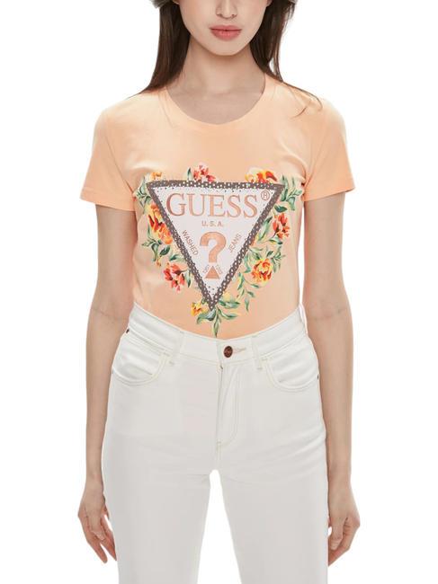 GUESS TRIANGLE FLOWERS T-shirt en coton extensible ciel de pêche - T-shirt