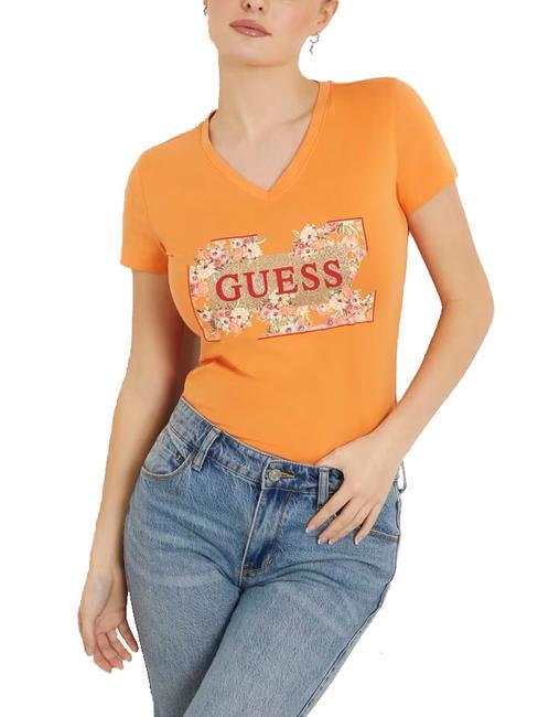 GUESS LOGO FLOWERS T-shirt en coton extensible pierre de soleil - T-shirt