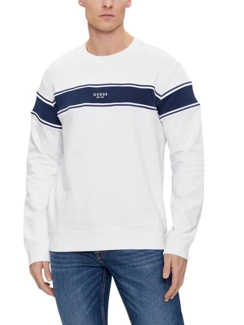 GUESS INSERTED STRIPE Sweat col rond en coton blanc pur - Pulls molletonnés