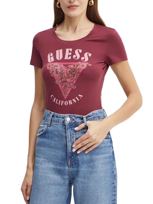 GUESS ROSES TRIANGLE T-shirt en coton avec imprimé et strass rose bordeaux - T-shirt