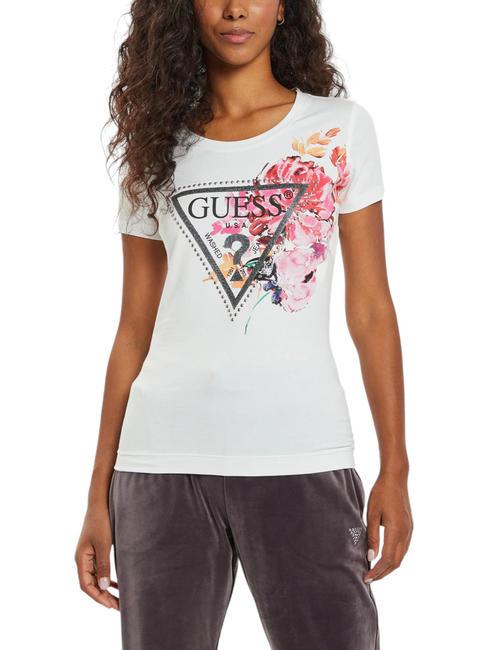 GUESS TRIANGLE PEONY T-shirt avec imprimé et clous blanc pur - T-shirt