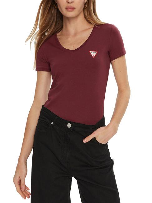 GUESS MINI TRIANGLE T-shirt col V rose bordeaux - T-shirt