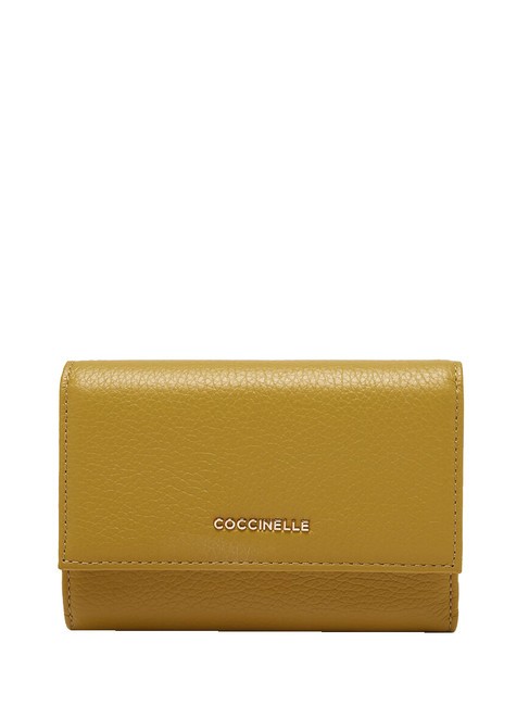 COCCINELLE METALLIC SOFT Portefeuille à deux volets en cuir martelé Citronnelle - Portefeuilles Femme