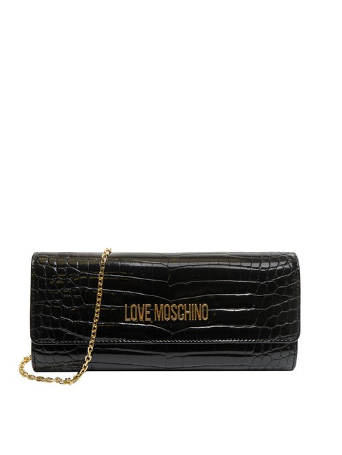 LOVE MOSCHINO SHINY CROCO Pochette fine avec bandoulière en métal Noir - Sacs pour Femme