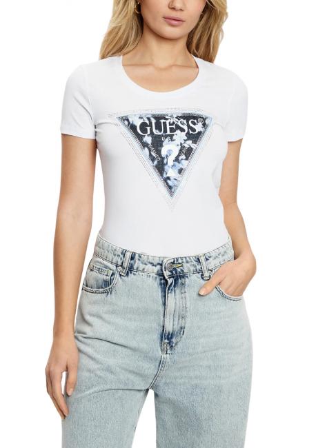 GUESS SS CN TRIANGLE FLOWER T-shirt en coton blanc pur - T-shirt