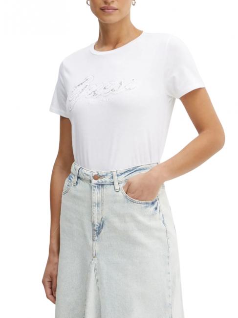 GUESS SS SCRIPT LACE LOGO EASY  T-shirt en coton blanc pur - T-shirt