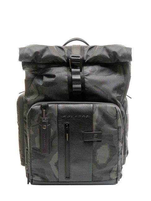 PIQUADRO BRIEF 2 Sac à dos roll-top en cuir et tissu camouflage réfléchissant noir - Sacs à dos pour ordinateur portable