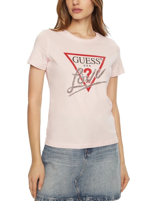 GUESS SS CN TRIANGLE LOVE T-shirt en coton rose discret - T-shirt