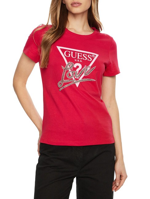 GUESS SS CN TRIANGLE LOVE T-shirt en coton rouge sauvage - T-shirt